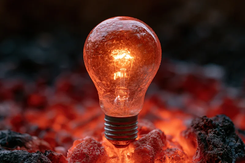 Glowing incandescent light bulb resting on smoldering embers in a dark setting
