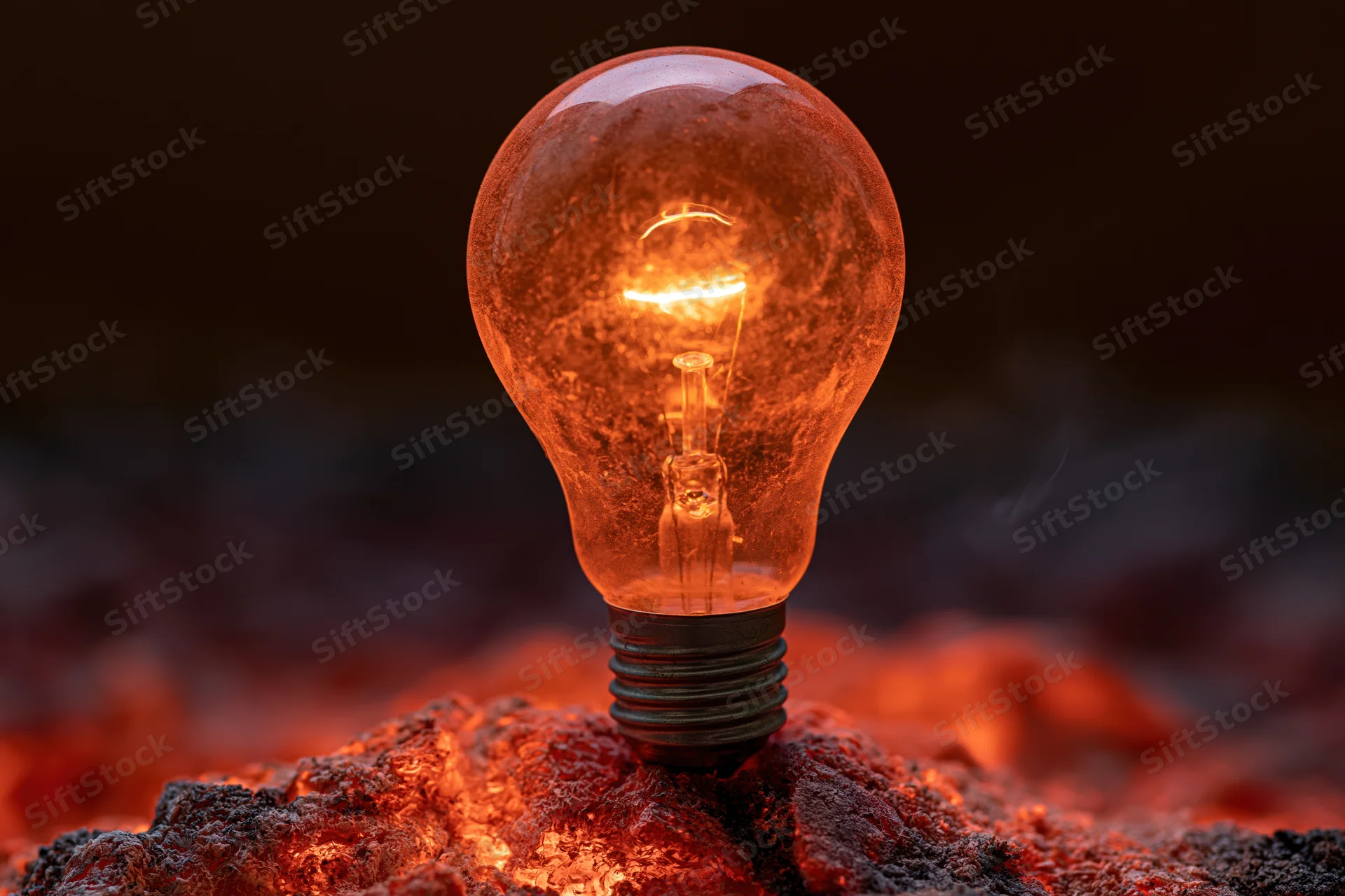 Glowing incandescent light bulb resting on smoldering embers in a dark setting