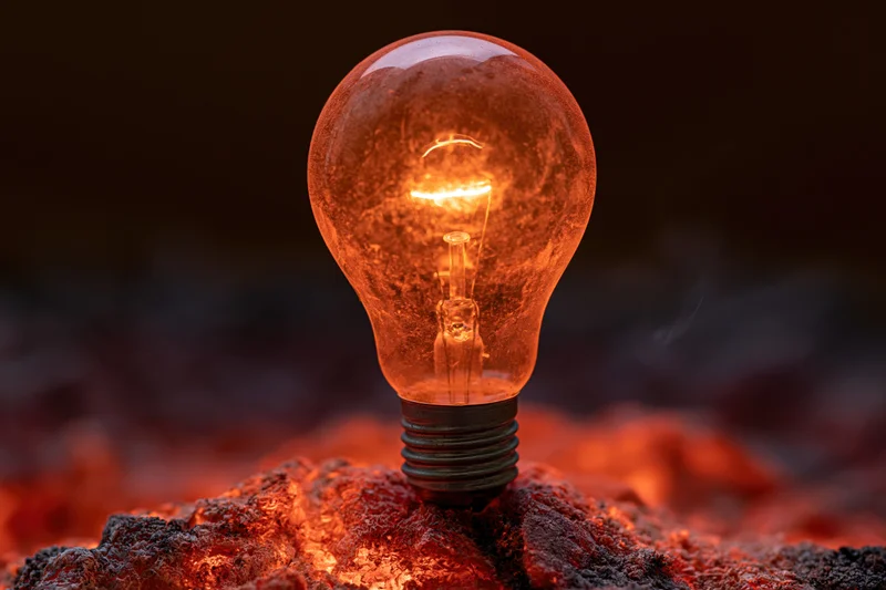Glowing incandescent light bulb resting on smoldering embers in a dark setting