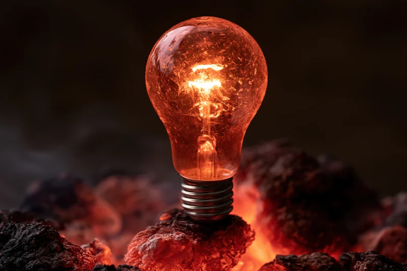 Glowing incandescent light bulb resting on smoldering coal with rising smoke