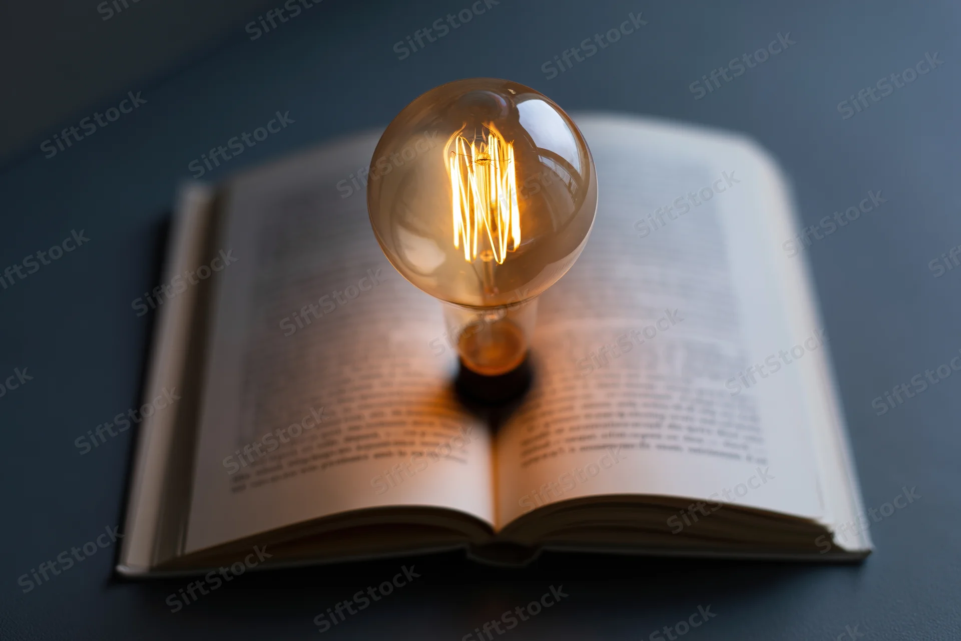Glowing incandescent lightbulb resting on open book pages on dark surface