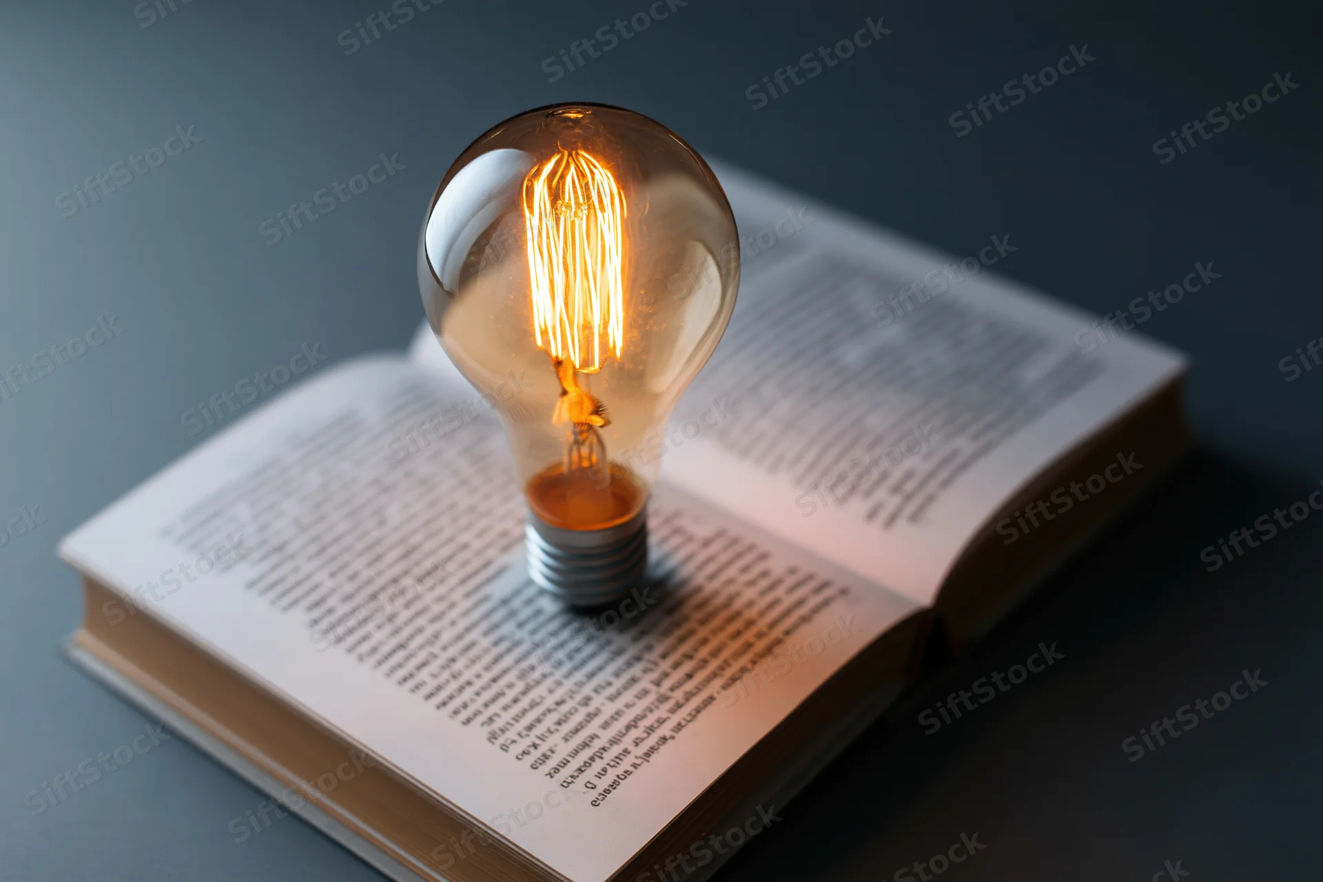 Glowing incandescent lightbulb resting on open book pages