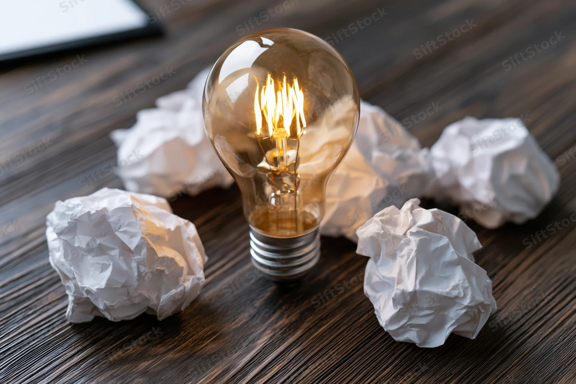 Glowing incandescent lightbulb surrounded by crumpled paper on a dark wooden desk
