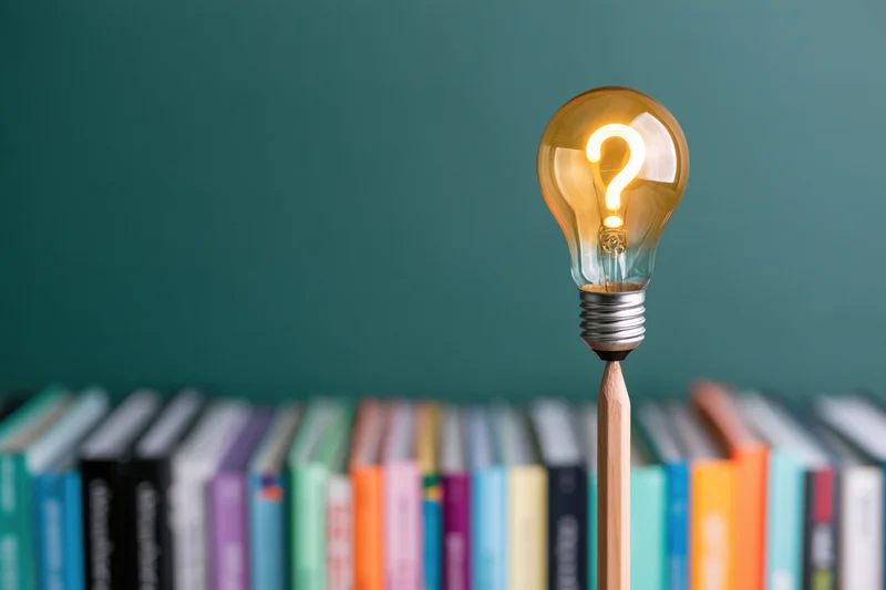 Glowing lightbulb with question mark filament on pencil above row of books