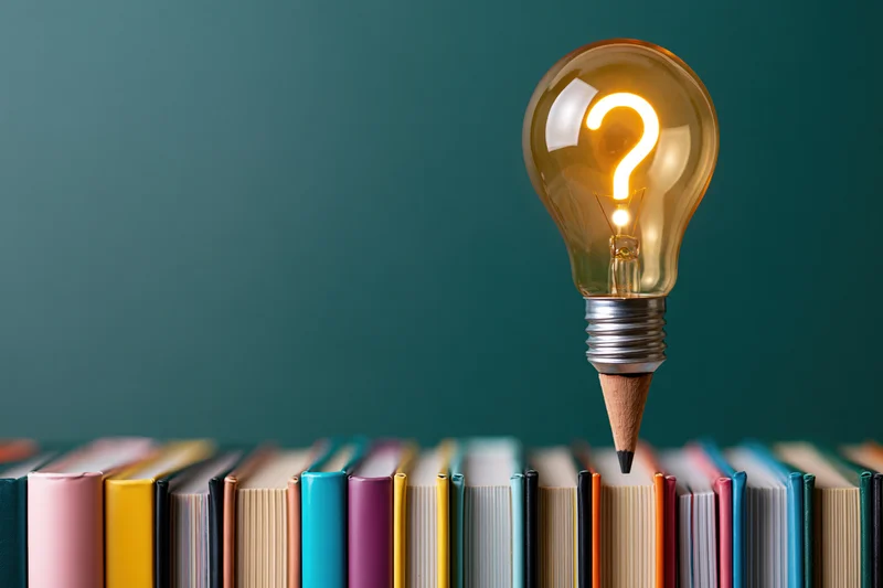 Glowing lightbulb shaped as a question mark resting on a row of colorful books against a teal background