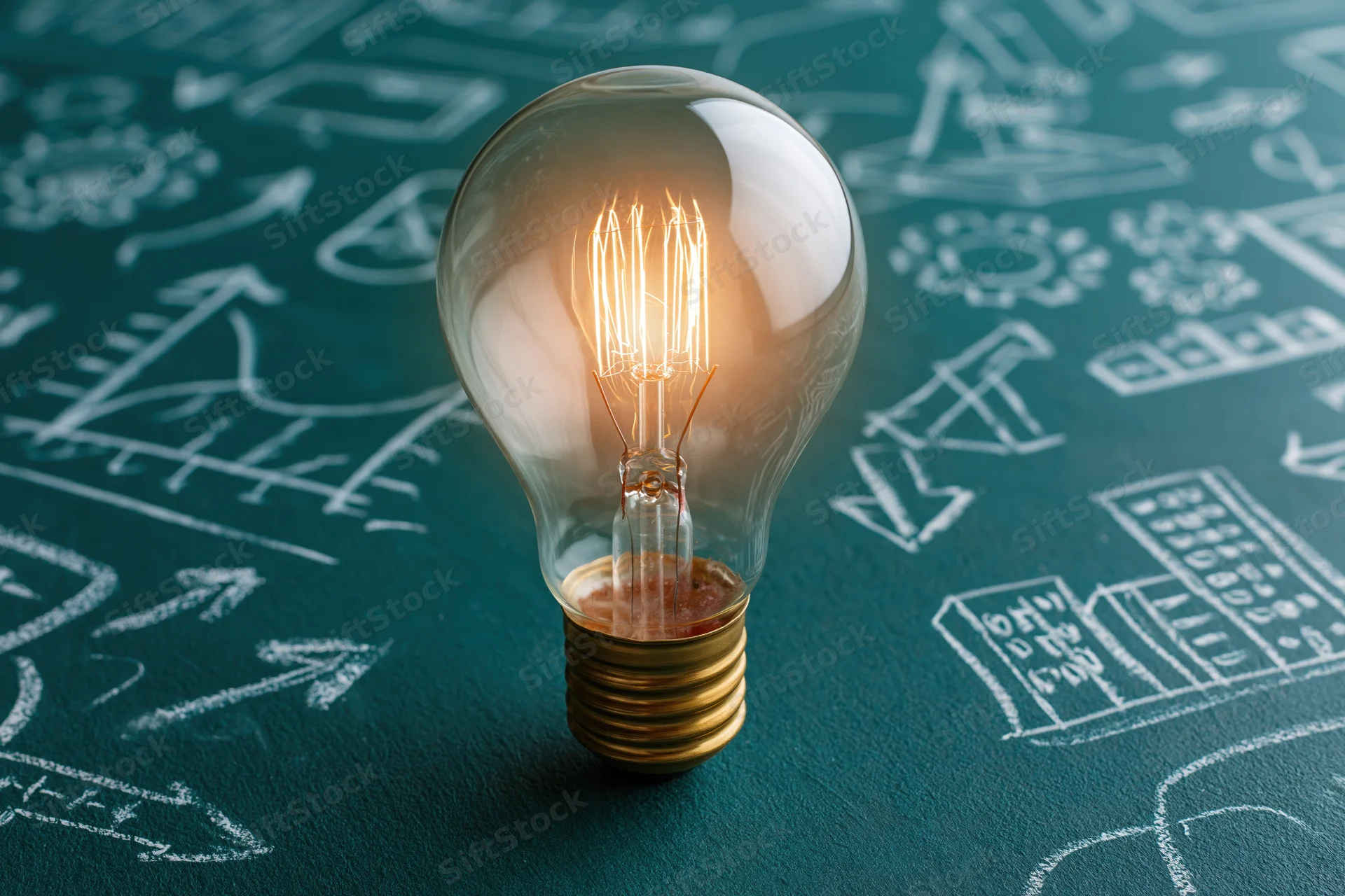 Glowing incandescent lightbulb with brass base on a chalkboard covered in white sketches of diagrams and gears