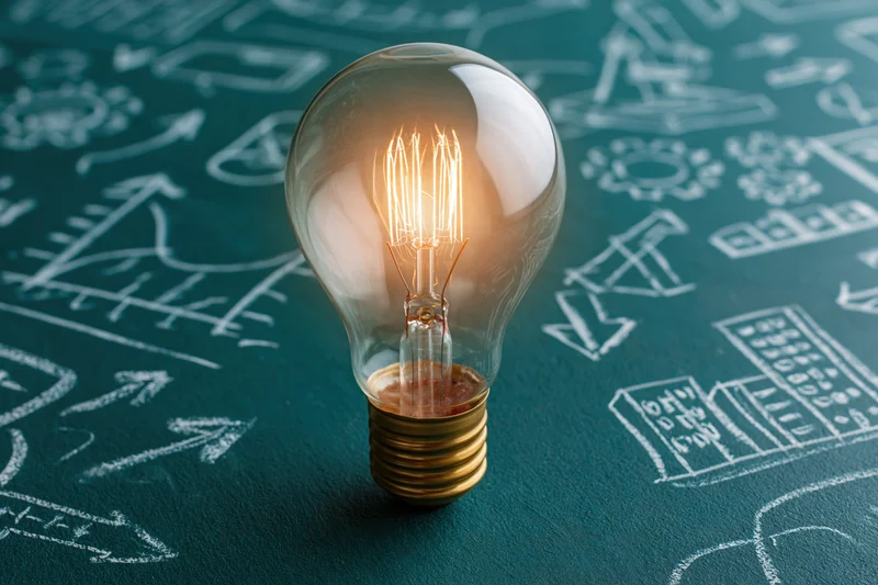 Glowing incandescent lightbulb with brass base on a chalkboard covered in white sketches of diagrams and gears