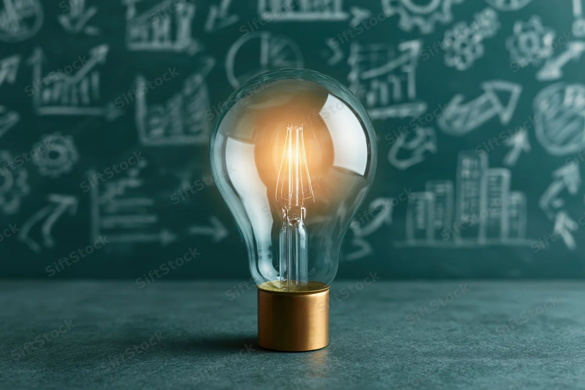 Glowing incandescent light bulb with brass base on dark surface in front of chalkboard with business diagrams