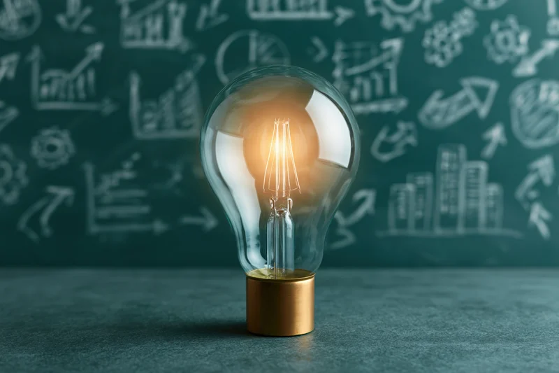 Glowing incandescent light bulb with brass base on dark surface in front of chalkboard with business diagrams