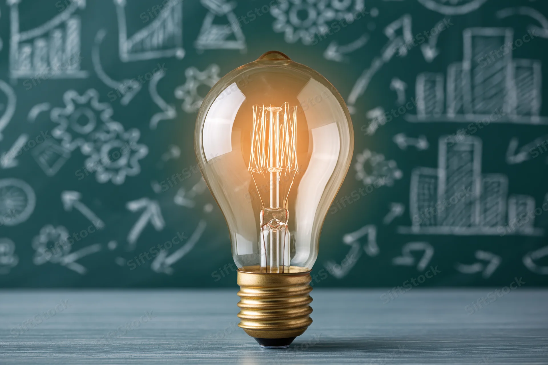 Glowing incandescent lightbulb with brass base on wooden desk in front of chalkboard with business sketches