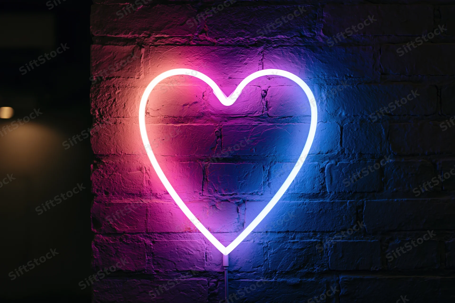 Glowing neon heart sign mounted on dark brick wall with pink and blue gradient light