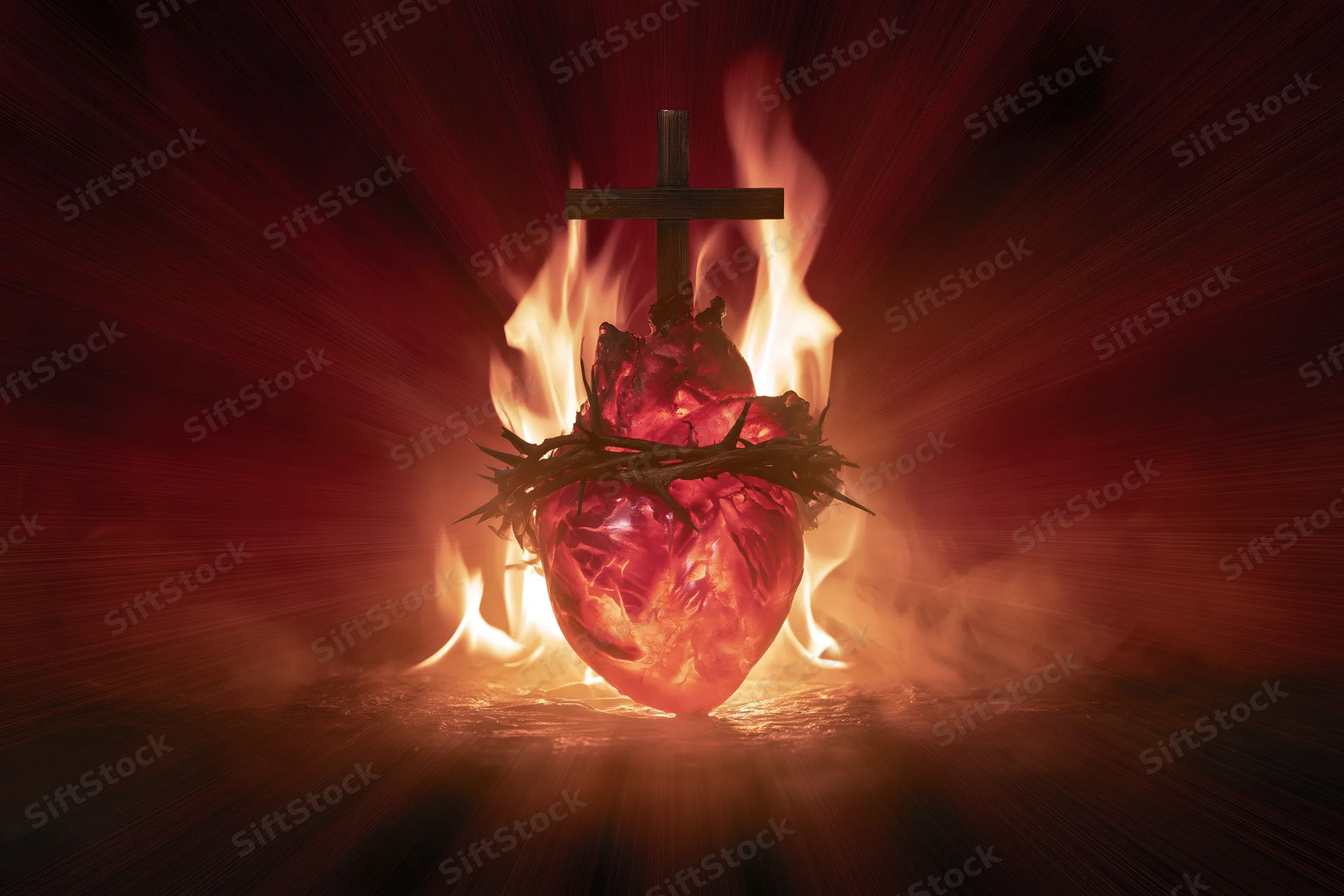 Glowing red heart wrapped in crown of thorns with cross above, surrounded by flames and light rays