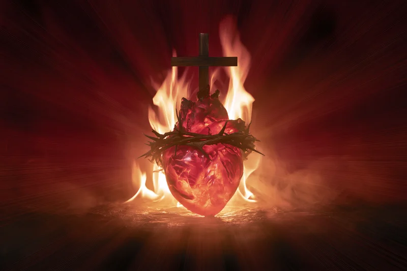 Glowing red heart wrapped in crown of thorns with cross above, surrounded by flames and light rays
