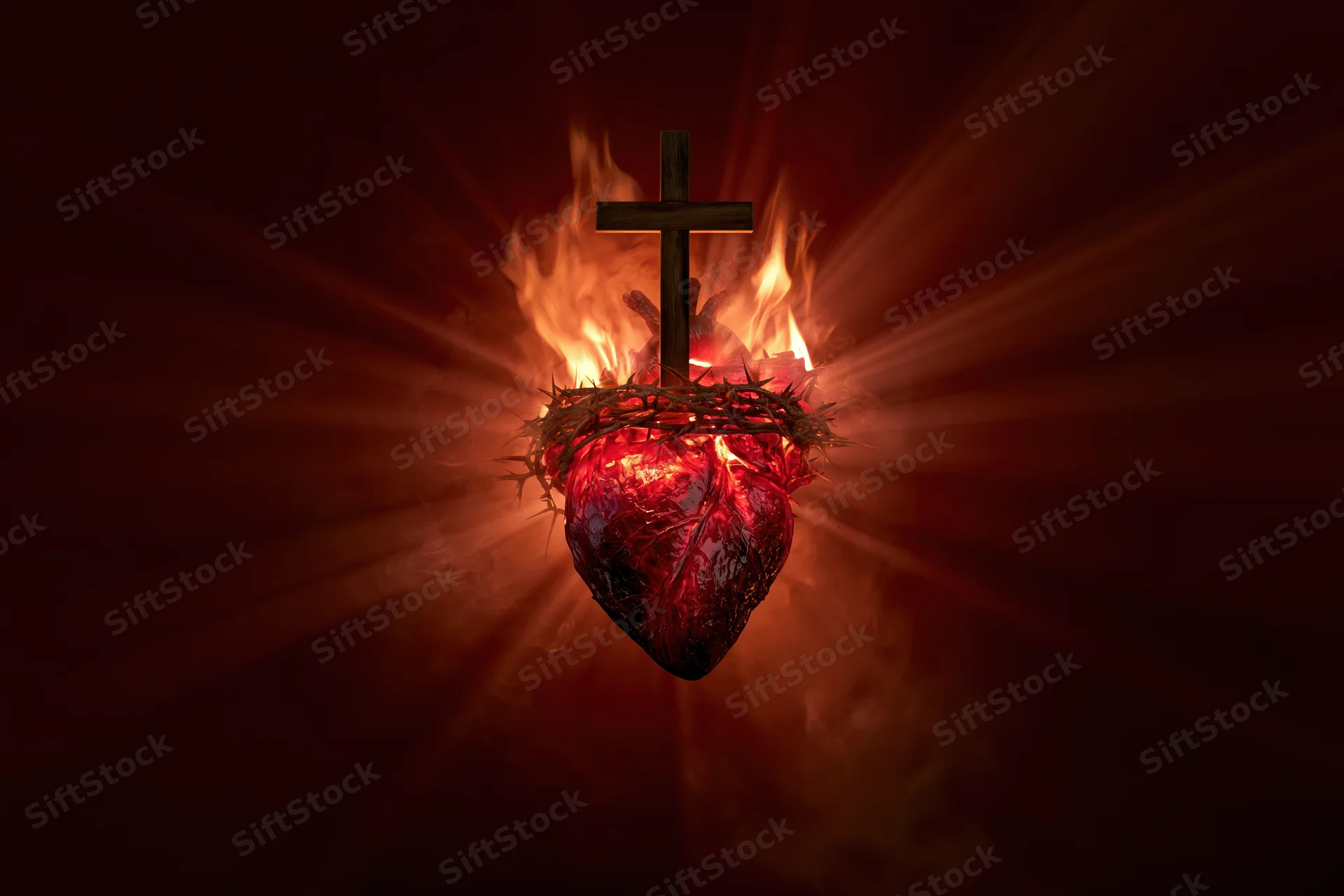 Glowing red heart wrapped in thorns with cross and flames against dark background