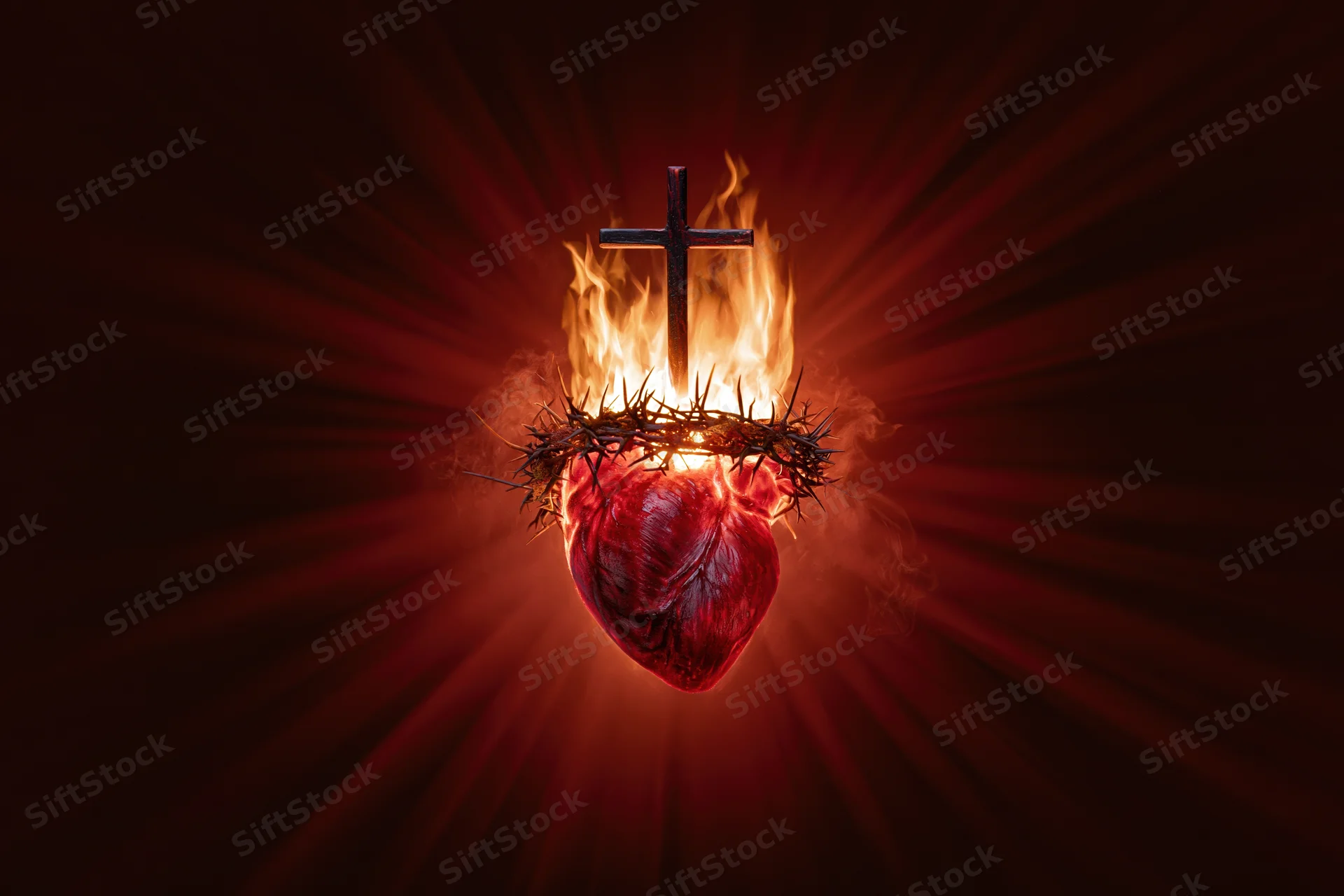 Glowing red heart wrapped in thorns with a cross above it, burning in dark radiance