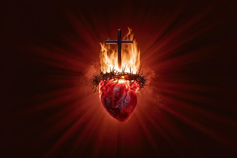 Glowing red heart wrapped in thorns with a cross above it, burning in dark radiance
