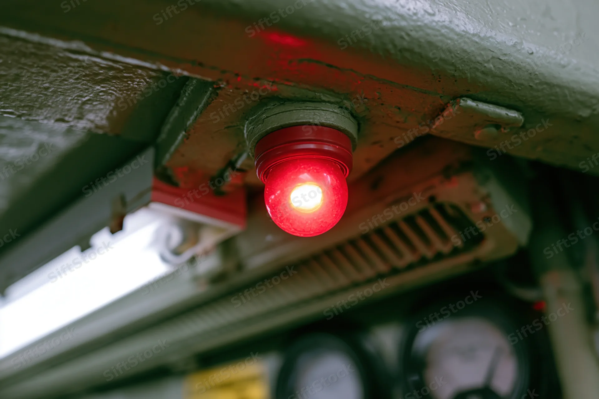 Glowing red signal bulb mounted beneath metal industrial machinery ceiling
