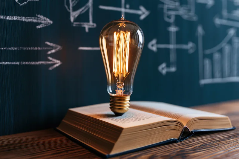 Glowing vintage edison bulb resting on open book beside chalkboard with diagrams