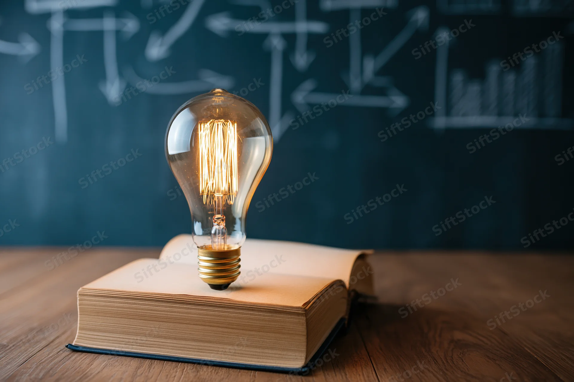 Glowing vintage lightbulb resting on open book in front of chalkboard with diagrams