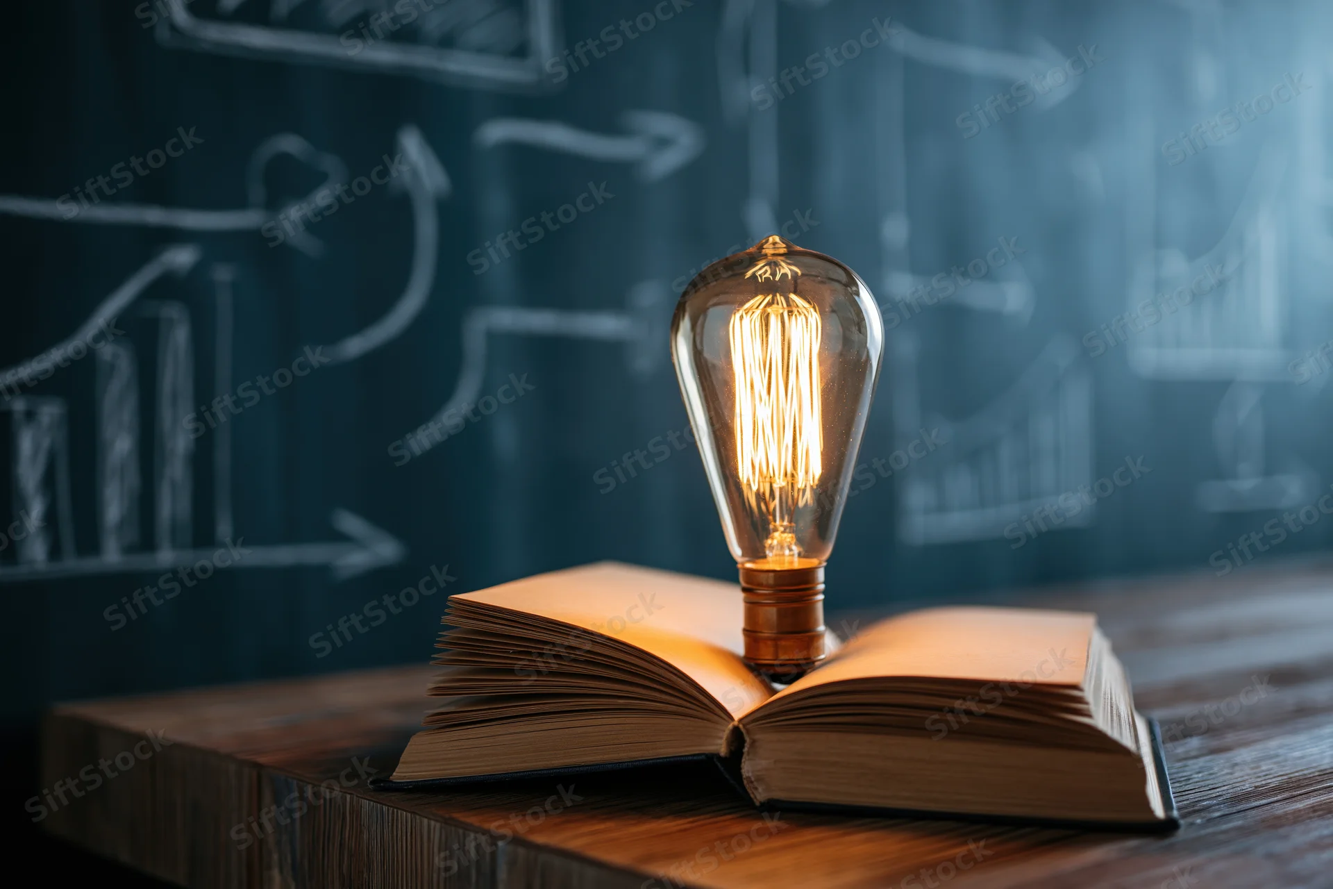 Glowing vintage edison bulb resting on open book on wooden desk with chalkboard diagrams in background