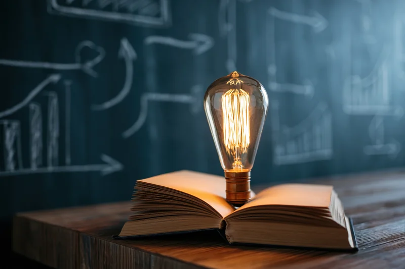 Glowing vintage edison bulb resting on open book on wooden desk with chalkboard diagrams in background