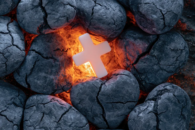 Glowing white christian cross resting among dark cracked heart-shaped stones with fiery glow beneath