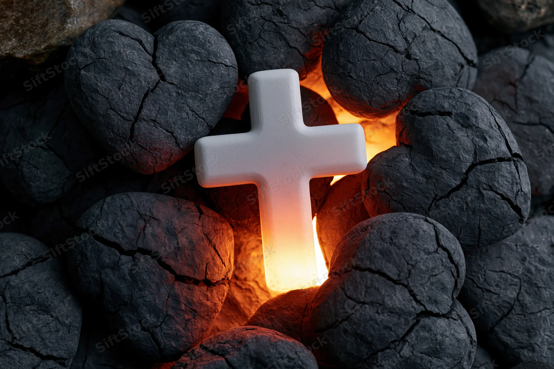 Glowing white christian cross among dark cracked charcoal embers