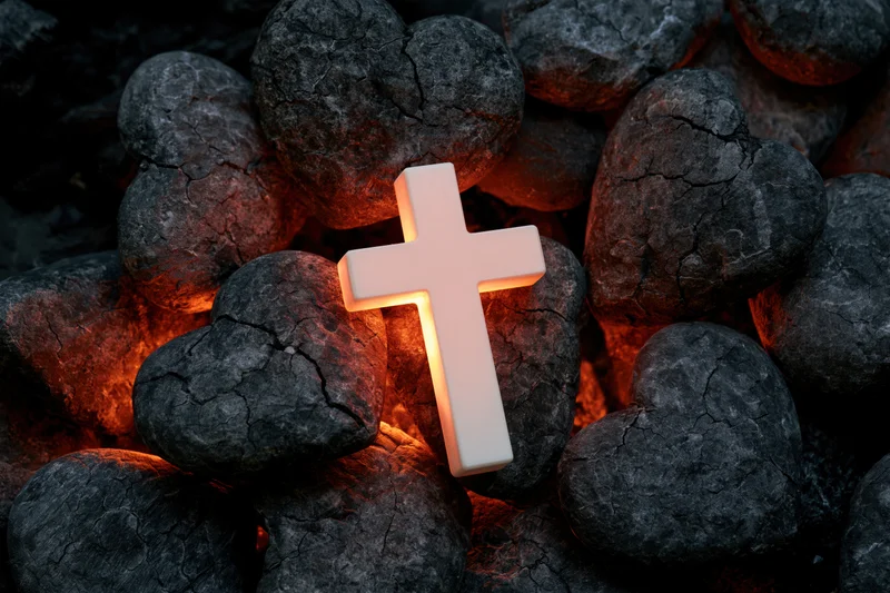 Glowing white christian cross resting among dark heart-shaped coals