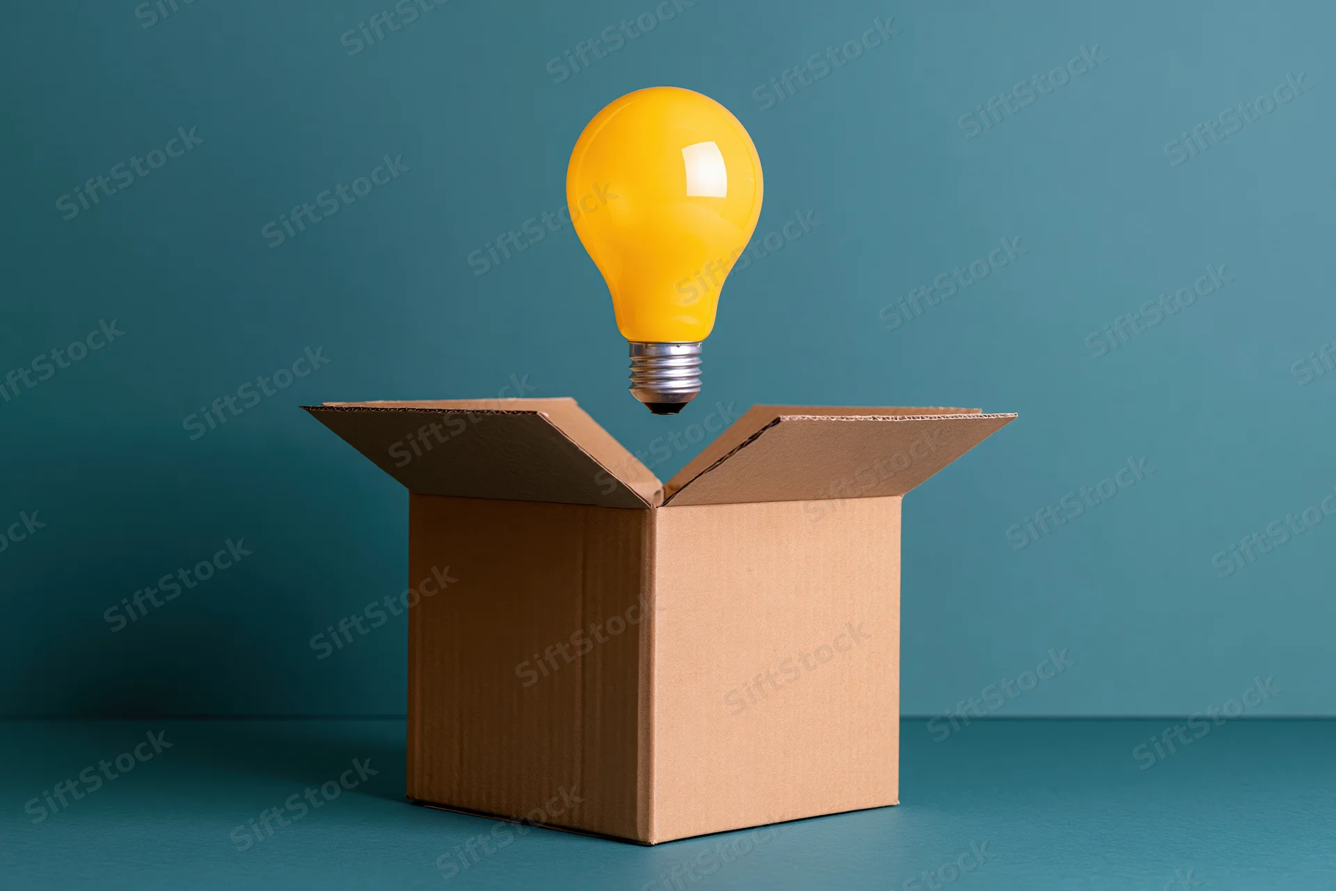Yellow lightbulb floating above open cardboard box on blue surface