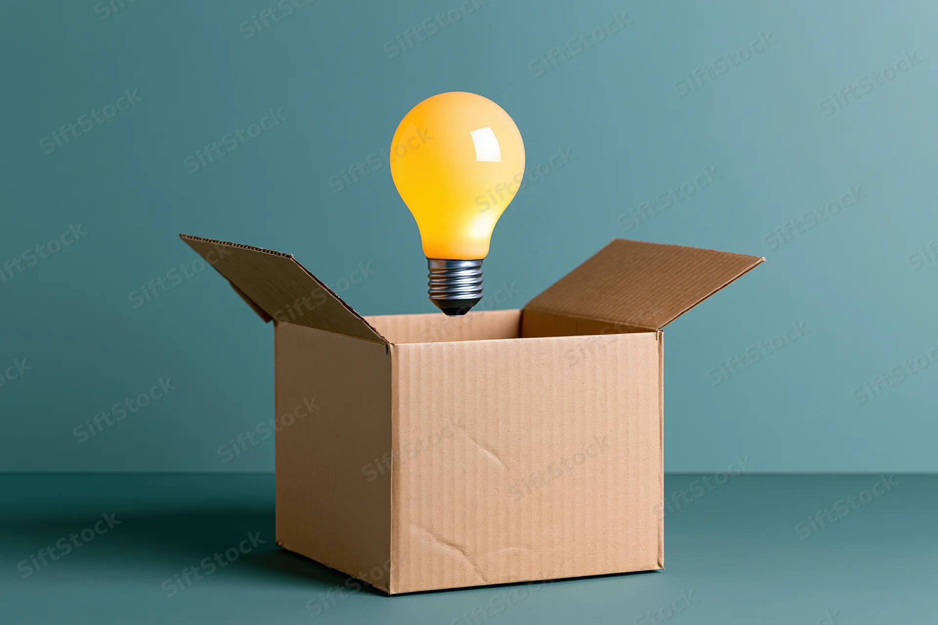 Glowing yellow lightbulb floating above an open cardboard box on a teal surface