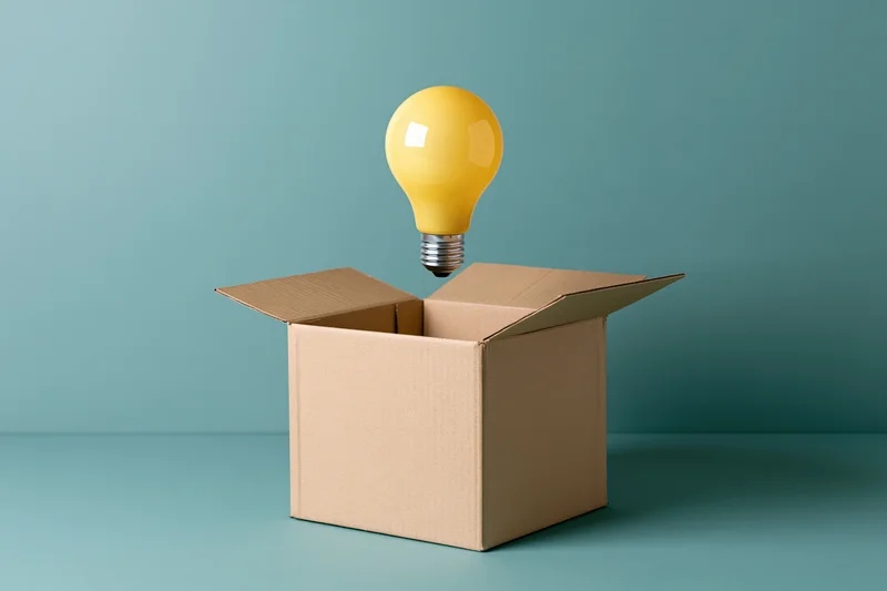 Yellow lightbulb floating above open cardboard box on teal surface