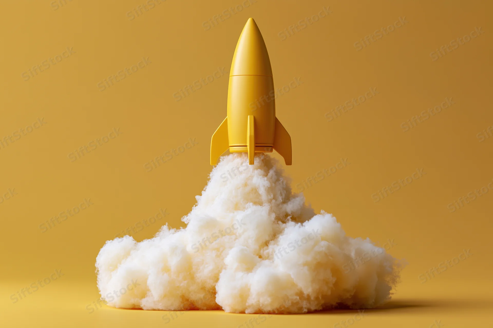 Yellow toy rocket launching upward with billowing white smoke cloud on golden background
