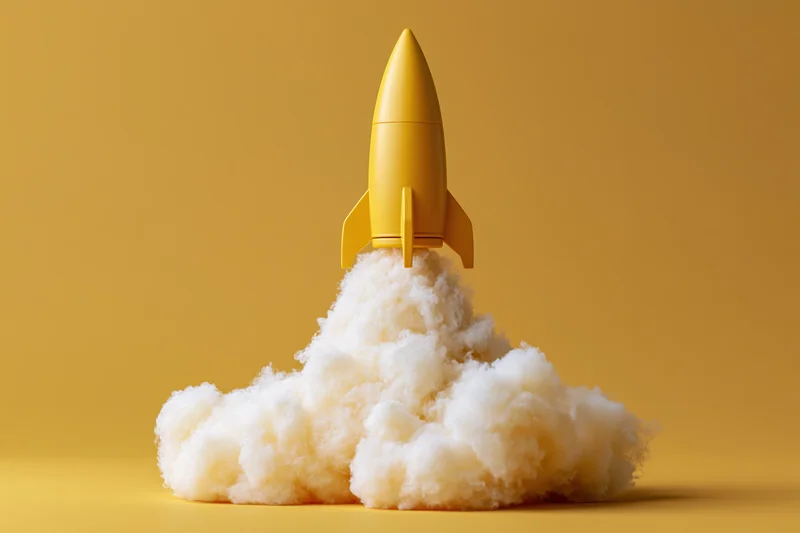 Yellow toy rocket launching upward with billowing white smoke cloud on golden background
