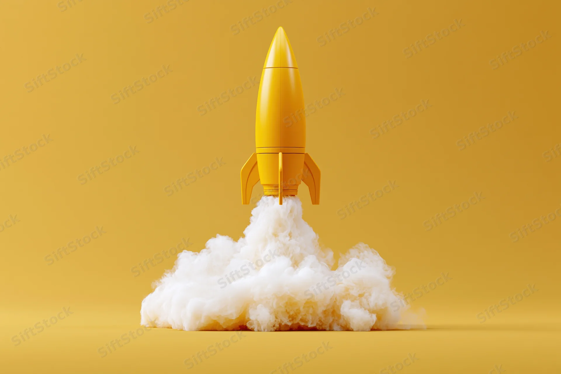 Yellow toy rocket launching upward with billowing smoke on a solid yellow background