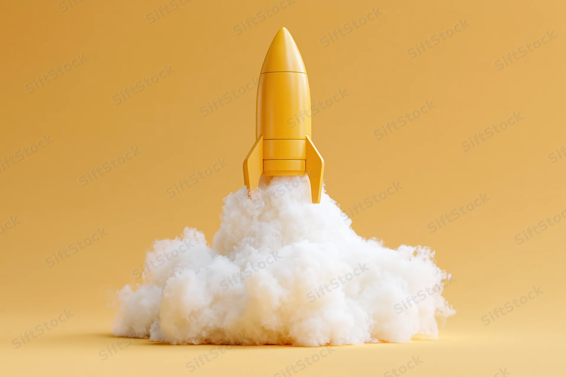 Yellow toy rocket launching upward from a cloud of smoke on a plain yellow background