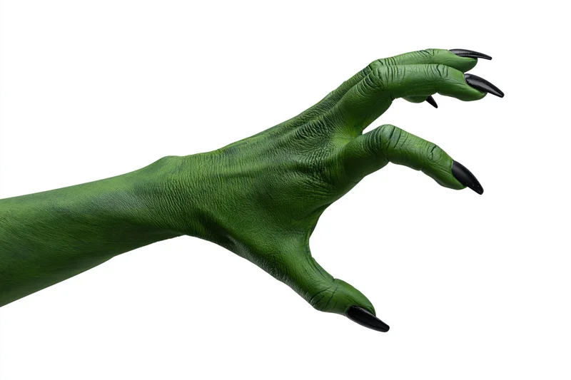 Green-painted hand with black claws extended against white background