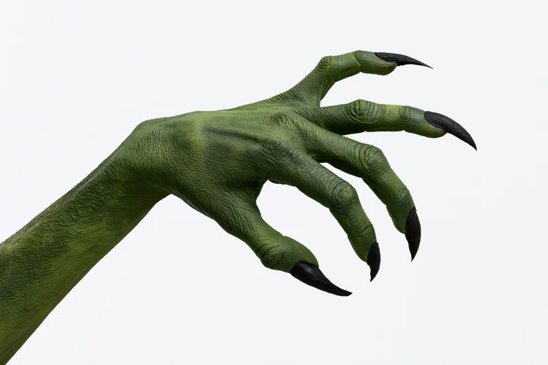 Green monster hand with sharp black claws extended against white background