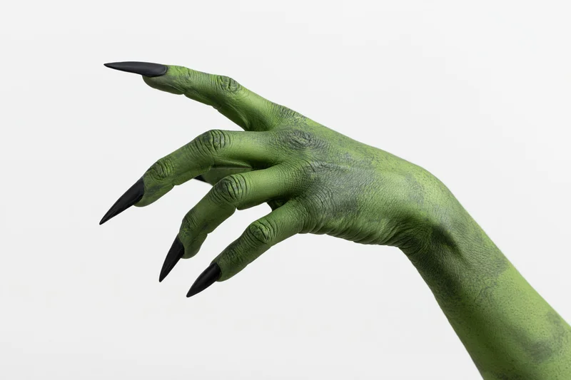 Green-painted hand with long sharp black nails reaching out against white background