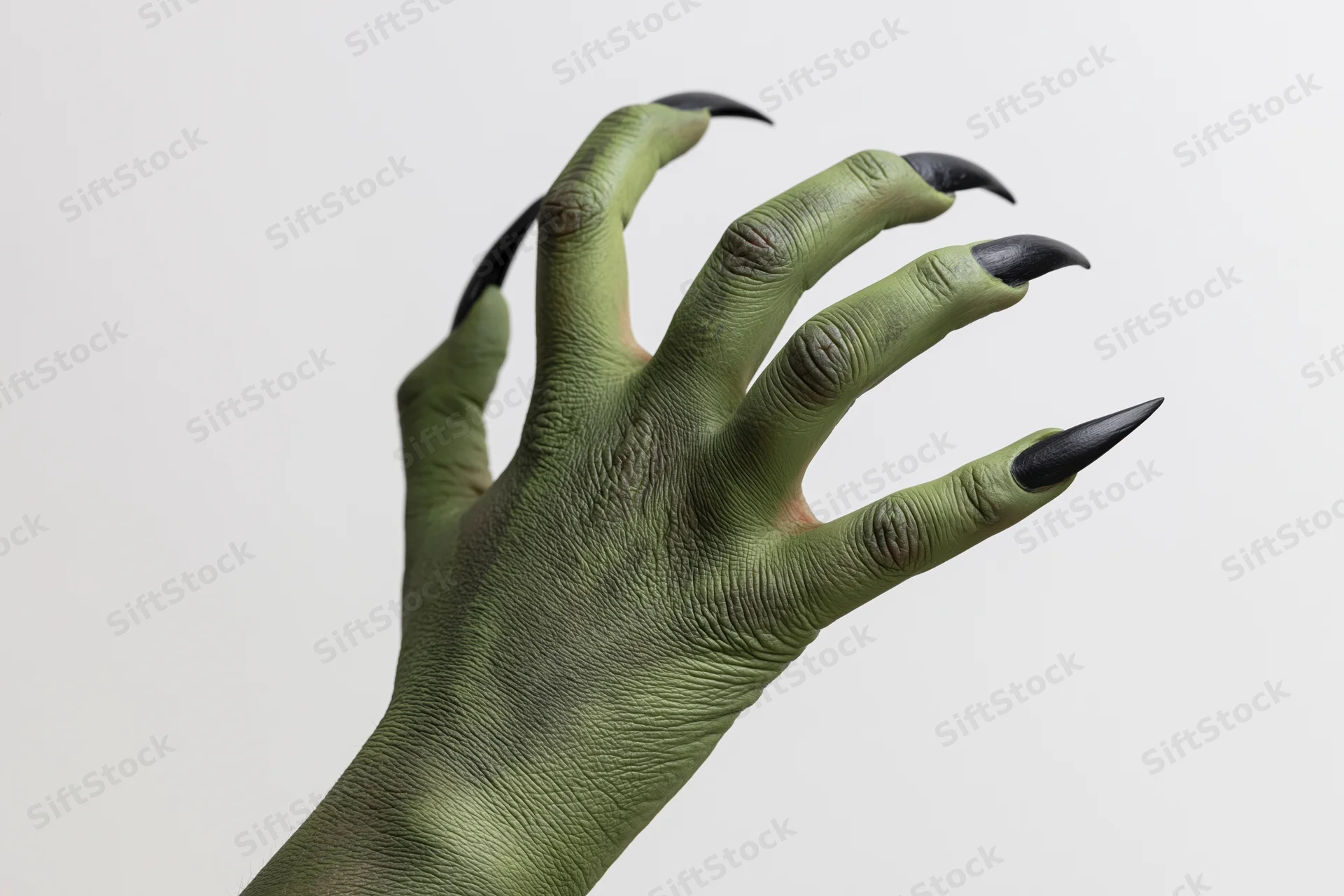 Green-painted hand with long sharp black claws against white background