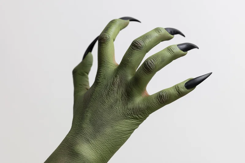 Green-painted hand with long sharp black claws against white background