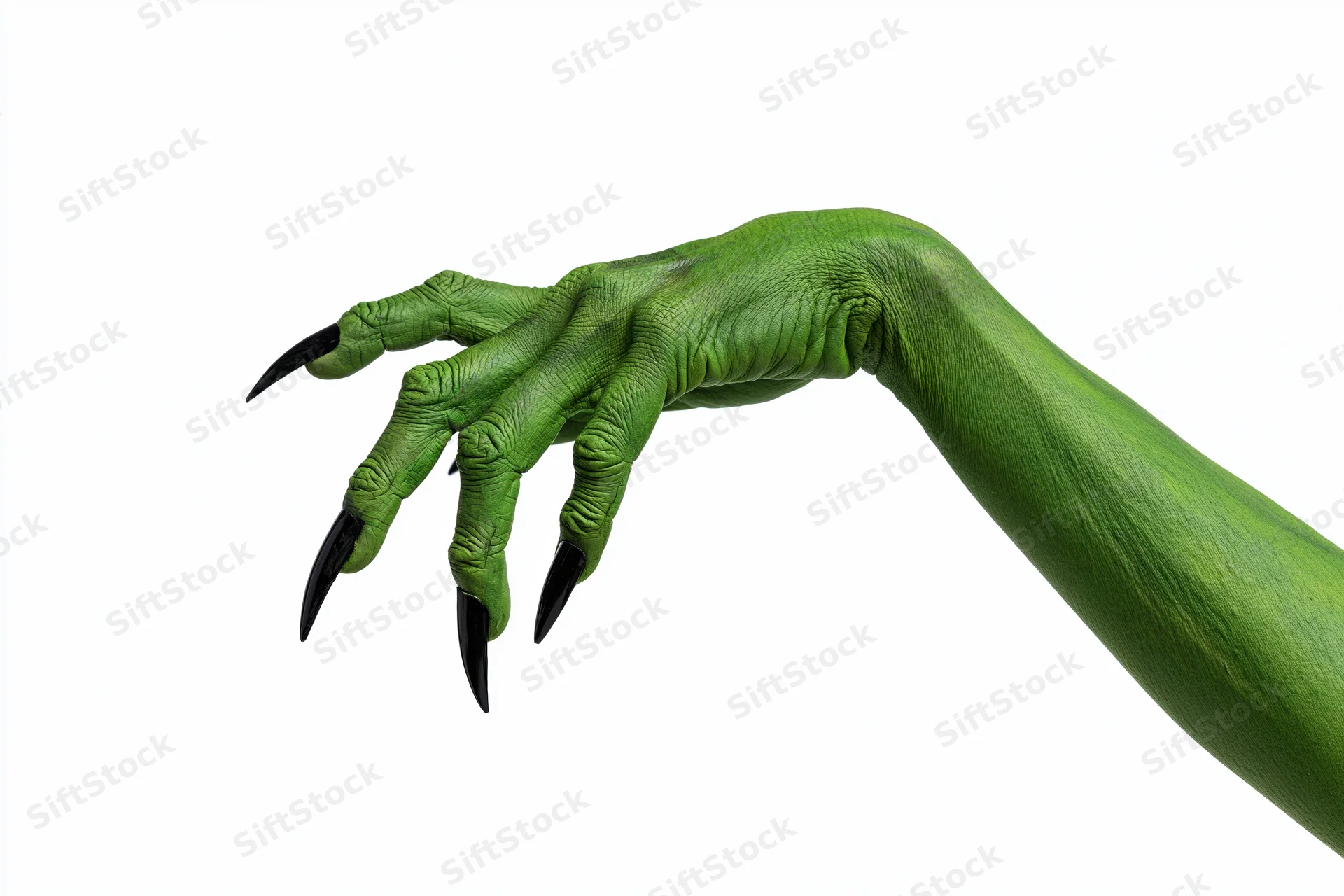 Green monster hand with black claws extended against white background