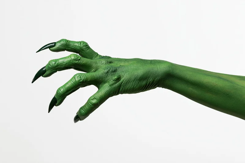 Green-painted hand with long black claws extended against white background