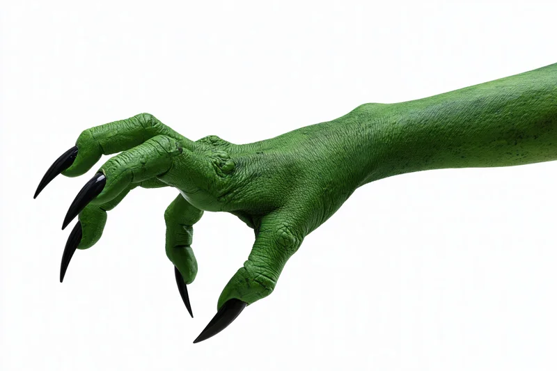 Green monster hand with black claws extended against white background