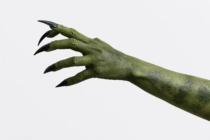 Green monster hand with sharp claws extended against white background