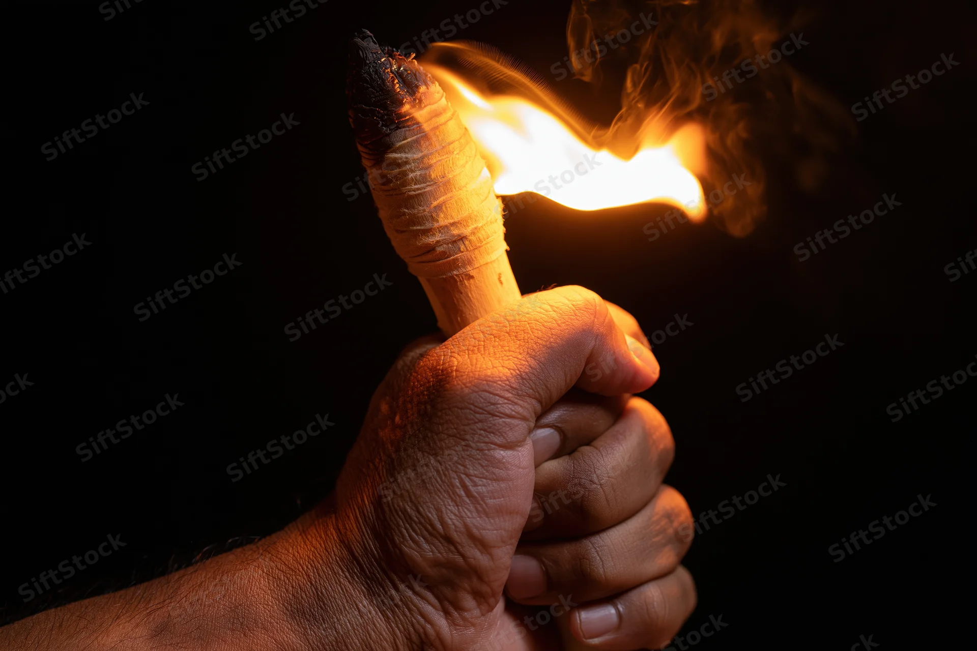 Hand gripping a burning wooden torch held upward close-up against dark background