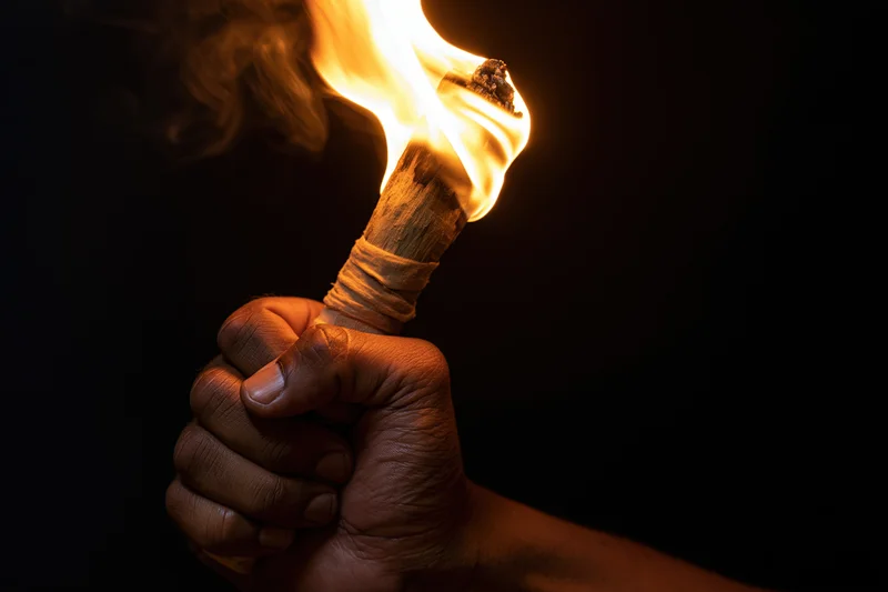 Hand gripping a burning wooden torch held upward close-up against dark background