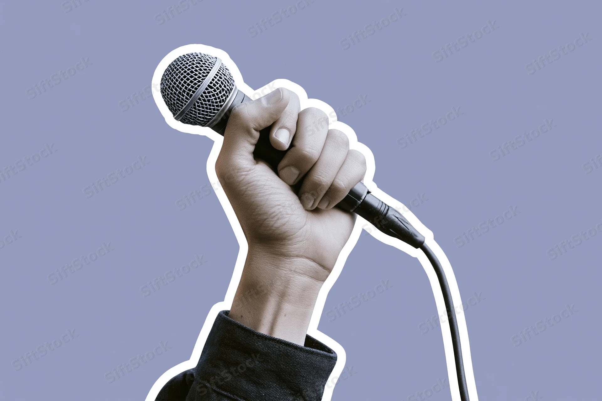Hand gripping a wired microphone raised upward against a plain background