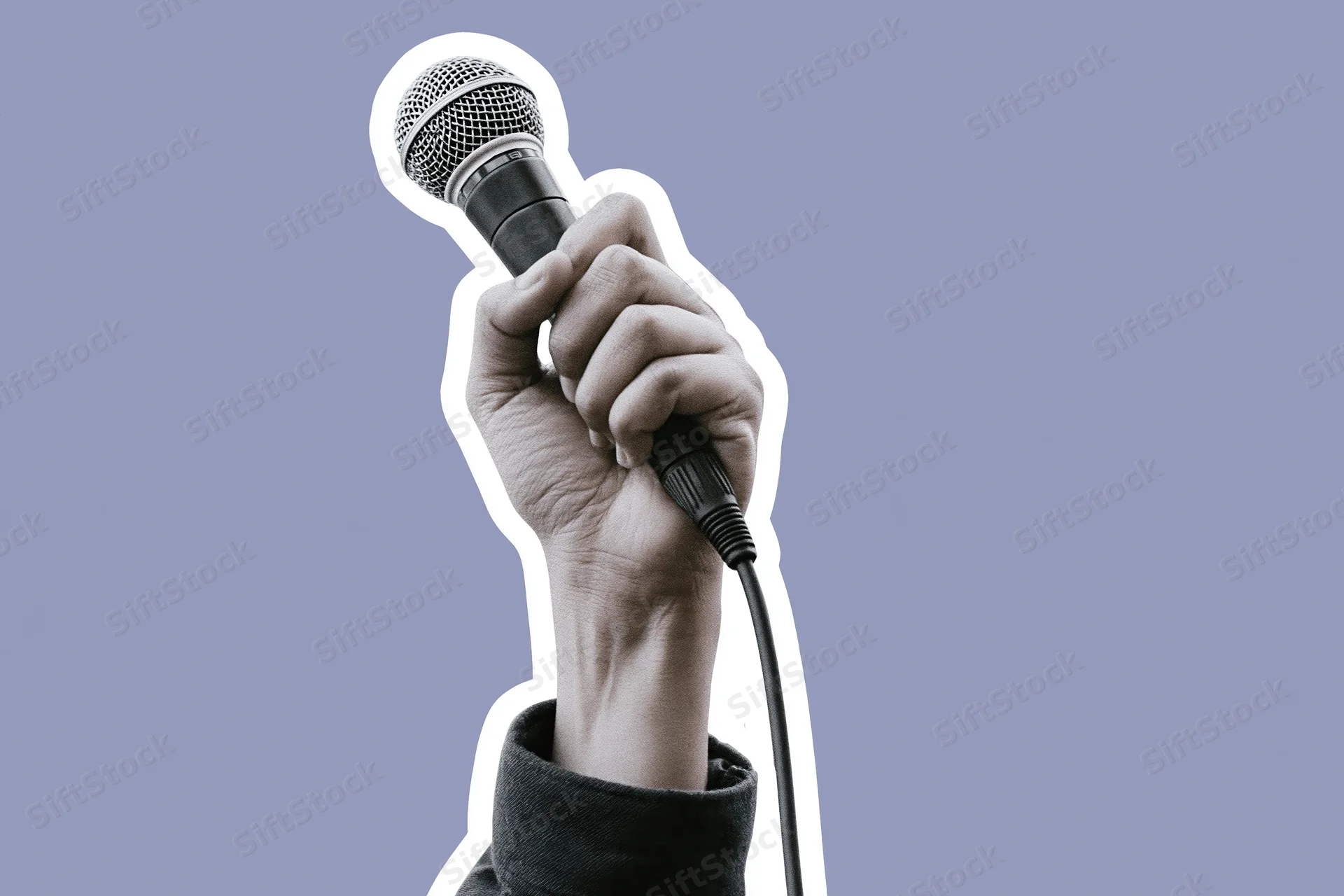 Hand gripping a wired microphone raised upward against a lavender background