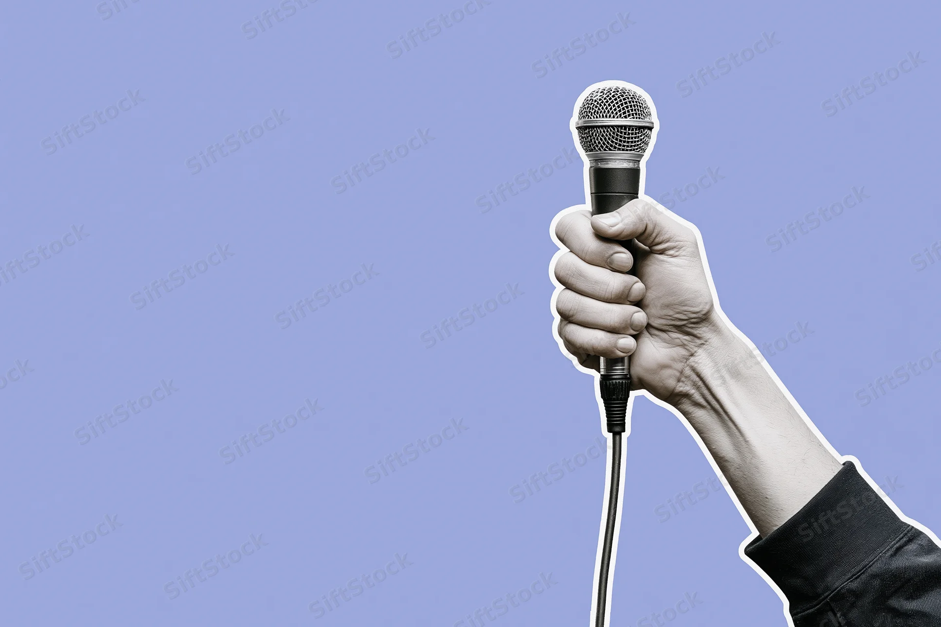 Hand gripping a wired microphone raised upward against a purple background