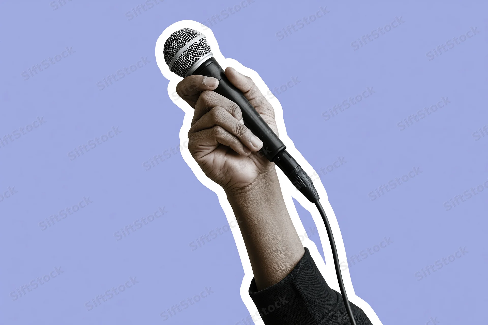 Hand gripping a wired microphone raised upward against a purple background